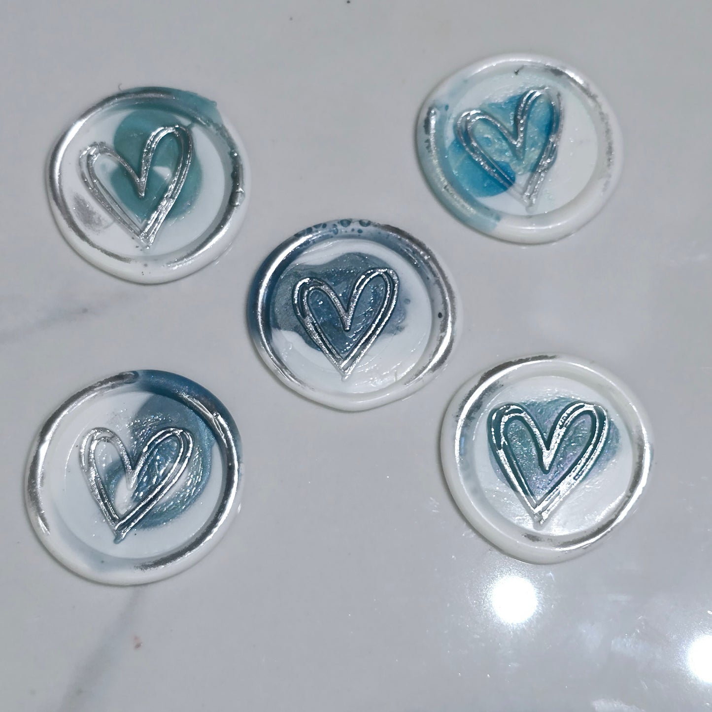 Heart Wax Seals Teal Blue, White & Silver Set of Five