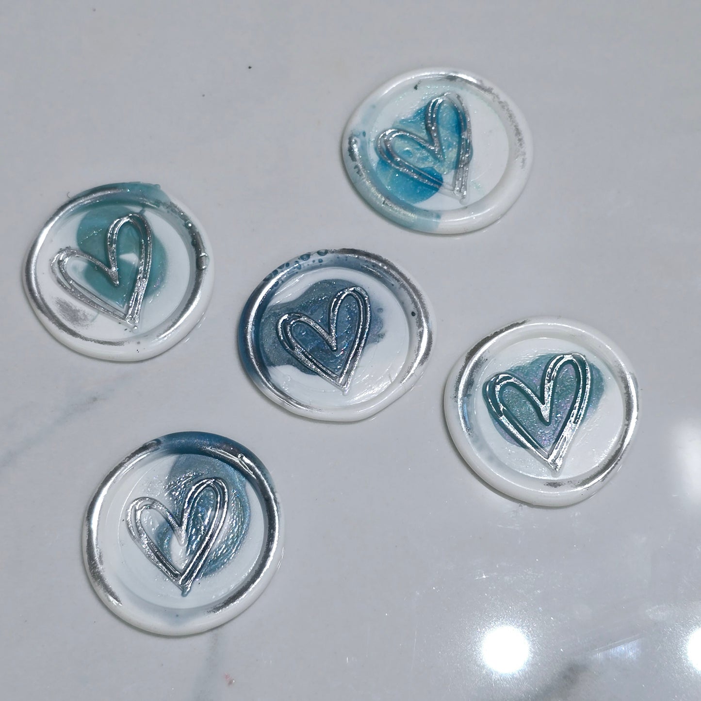 Heart Wax Seals Teal Blue, White & Silver Set of Five