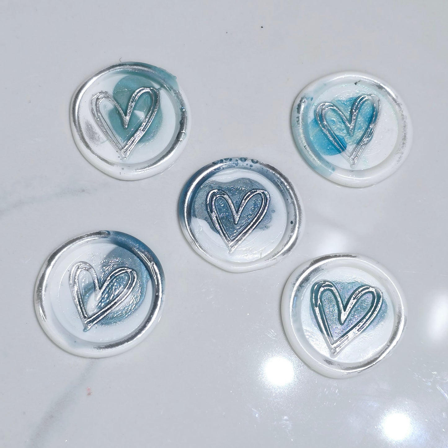 Heart Wax Seals Teal Blue, White & Silver Set of Five