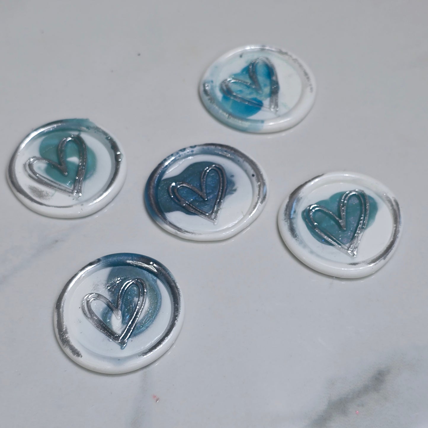 Heart Wax Seals Teal Blue, White & Silver Set of Five