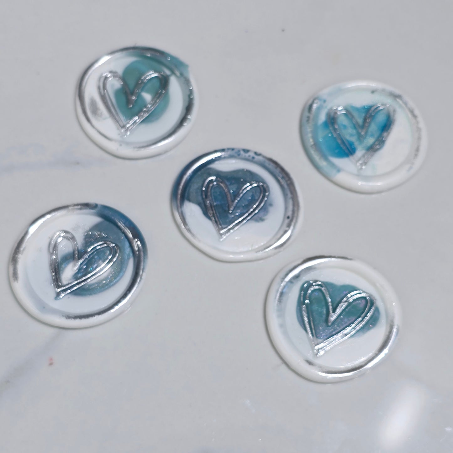 Heart Wax Seals Teal Blue, White & Silver Set of Five