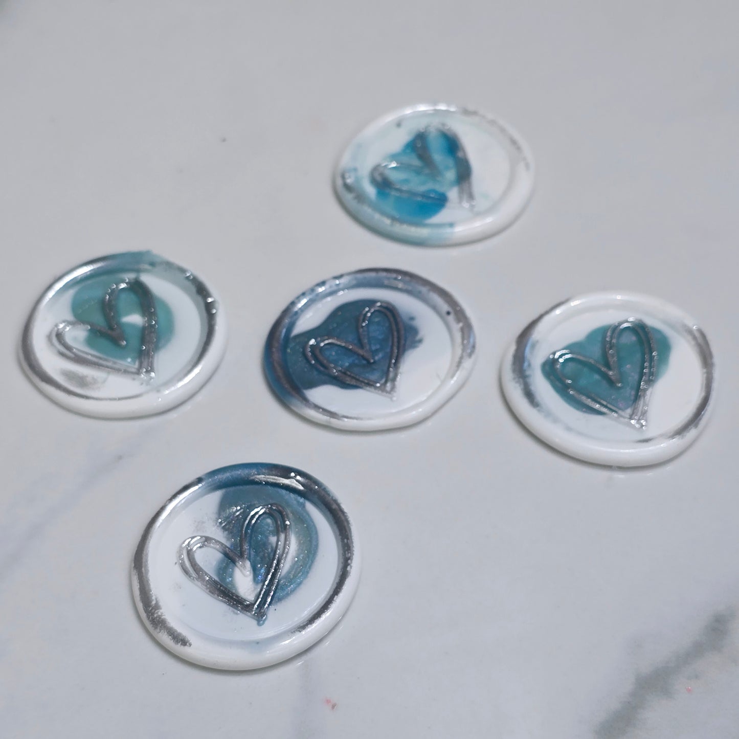 Heart Wax Seals Teal Blue, White & Silver Set of Five