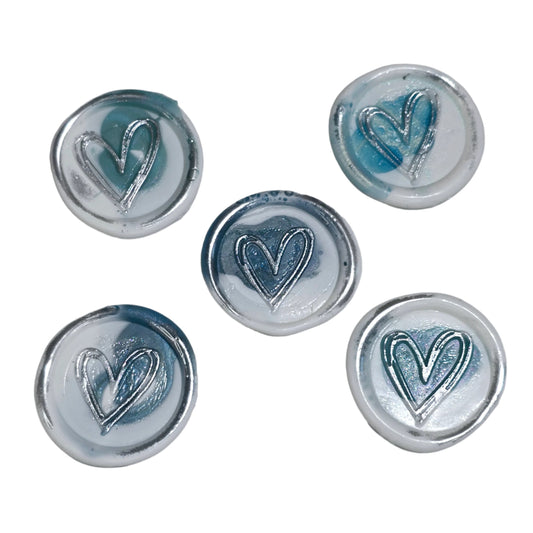 Heart Wax Seals Teal Blue, White & Silver Set of Five