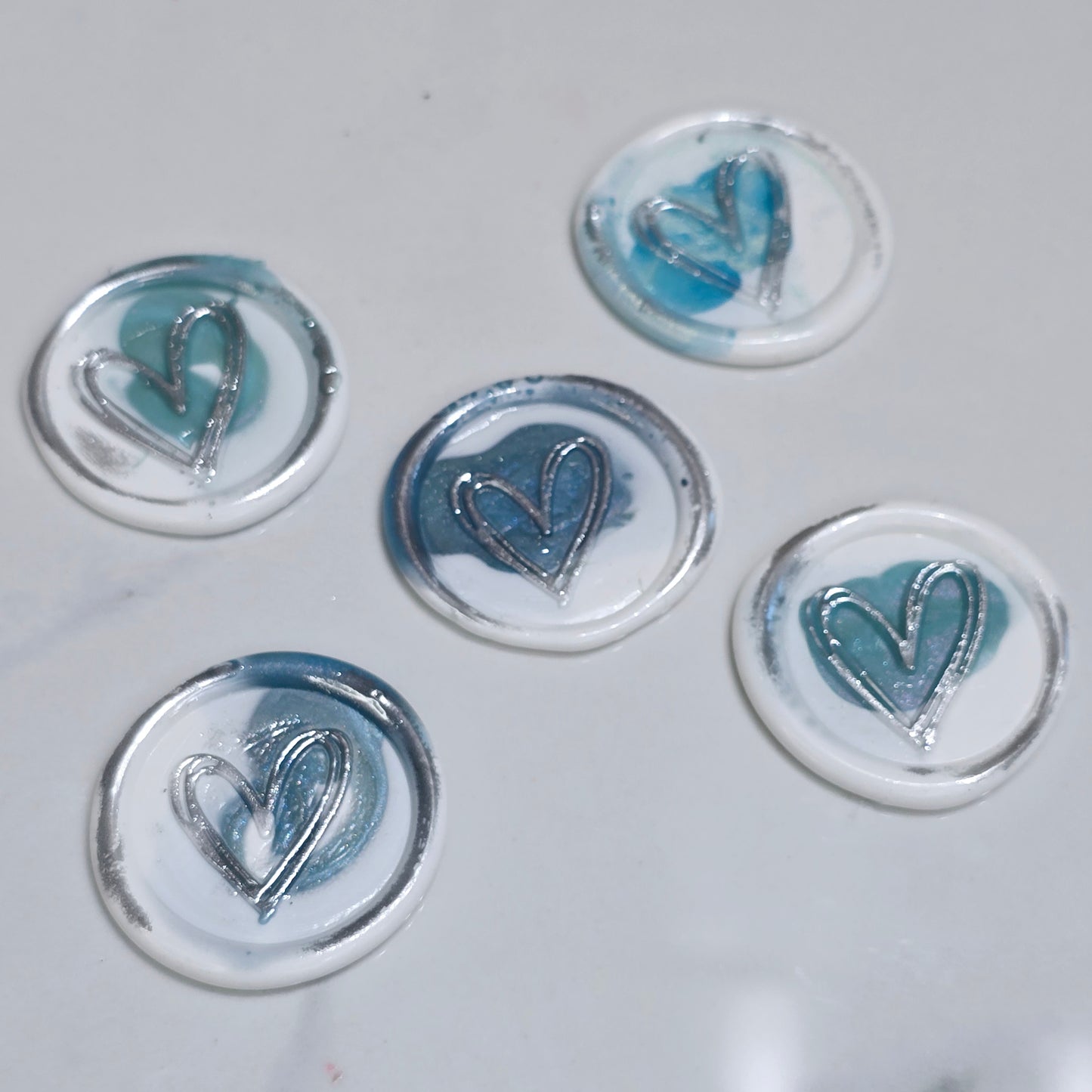 Heart Wax Seals Teal Blue, White & Silver Set of Five