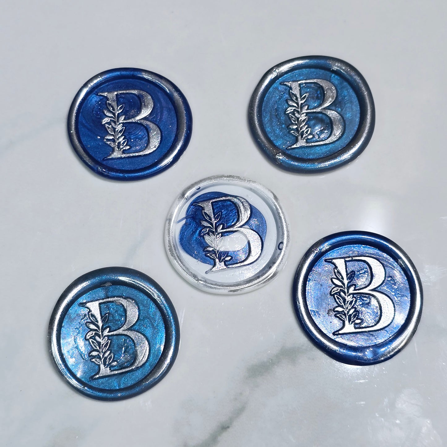 Letter B Wax Seals Metallic Blue, White & Silver Set of Five