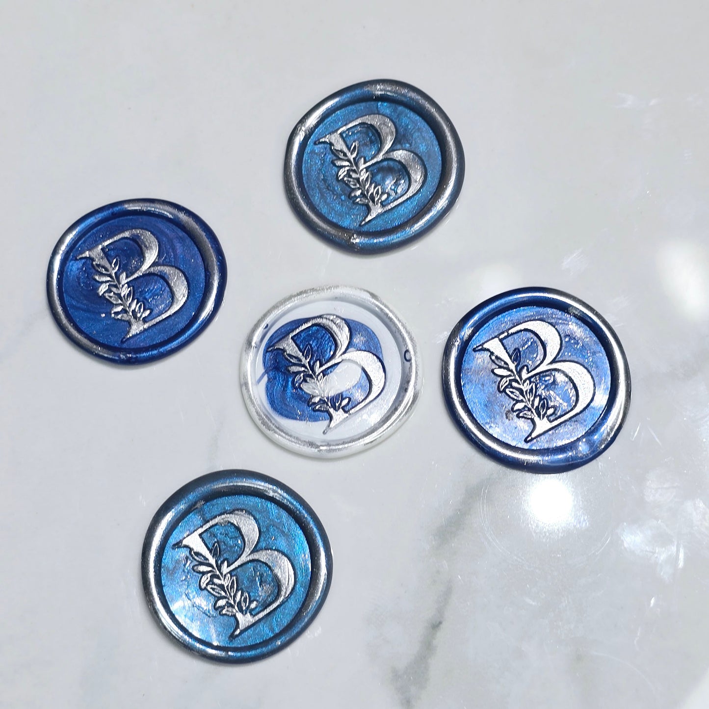 Letter B Wax Seals Metallic Blue, White & Silver Set of Five