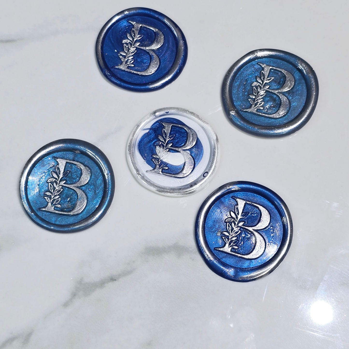 Letter B Wax Seals Metallic Blue, White & Silver Set of Five