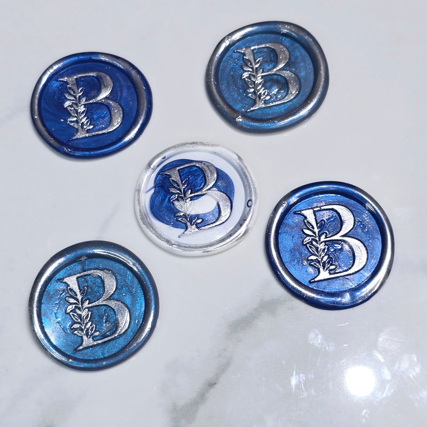 Letter B Wax Seals Metallic Blue, White & Silver Set of Five