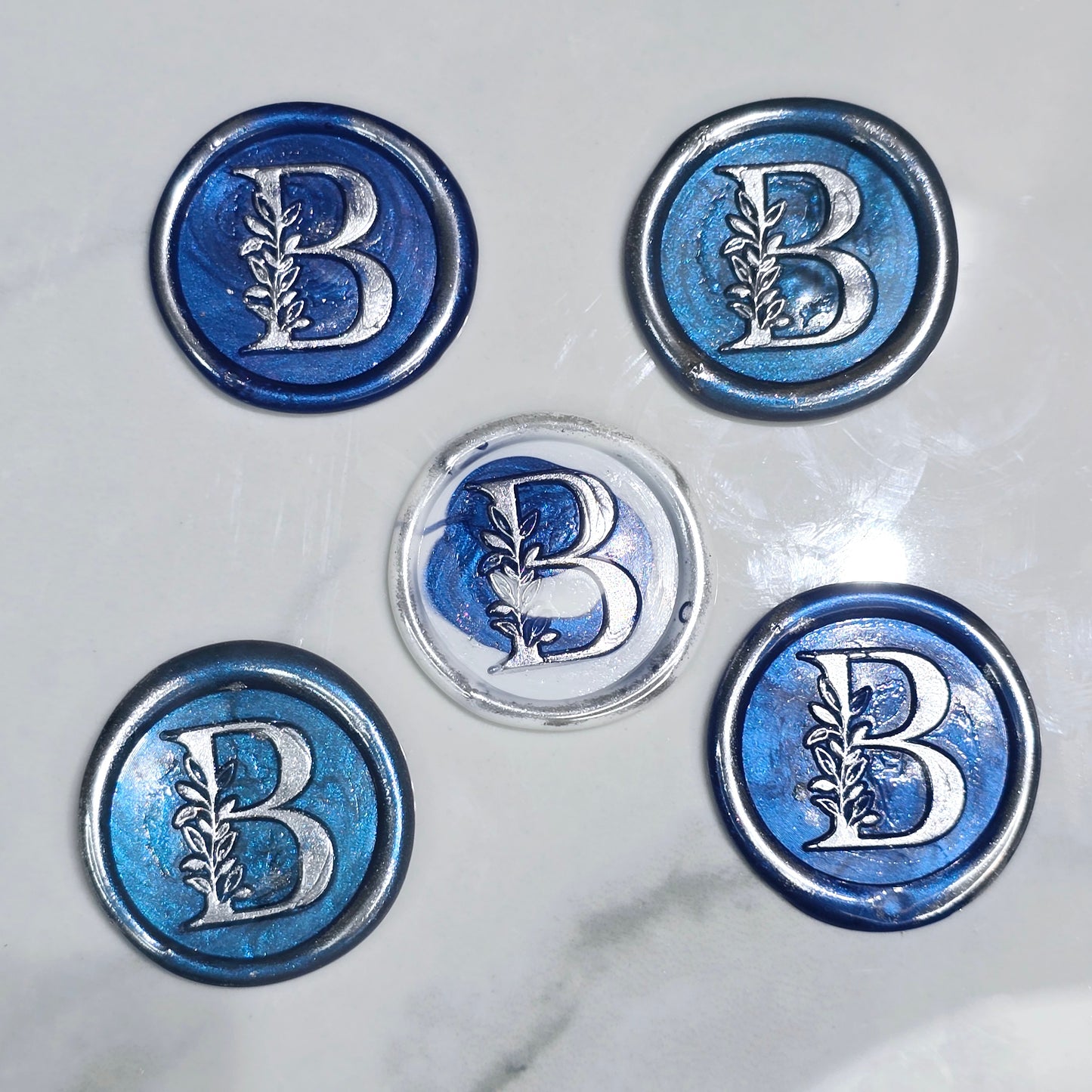 Letter B Wax Seals Metallic Blue, White & Silver Set of Five