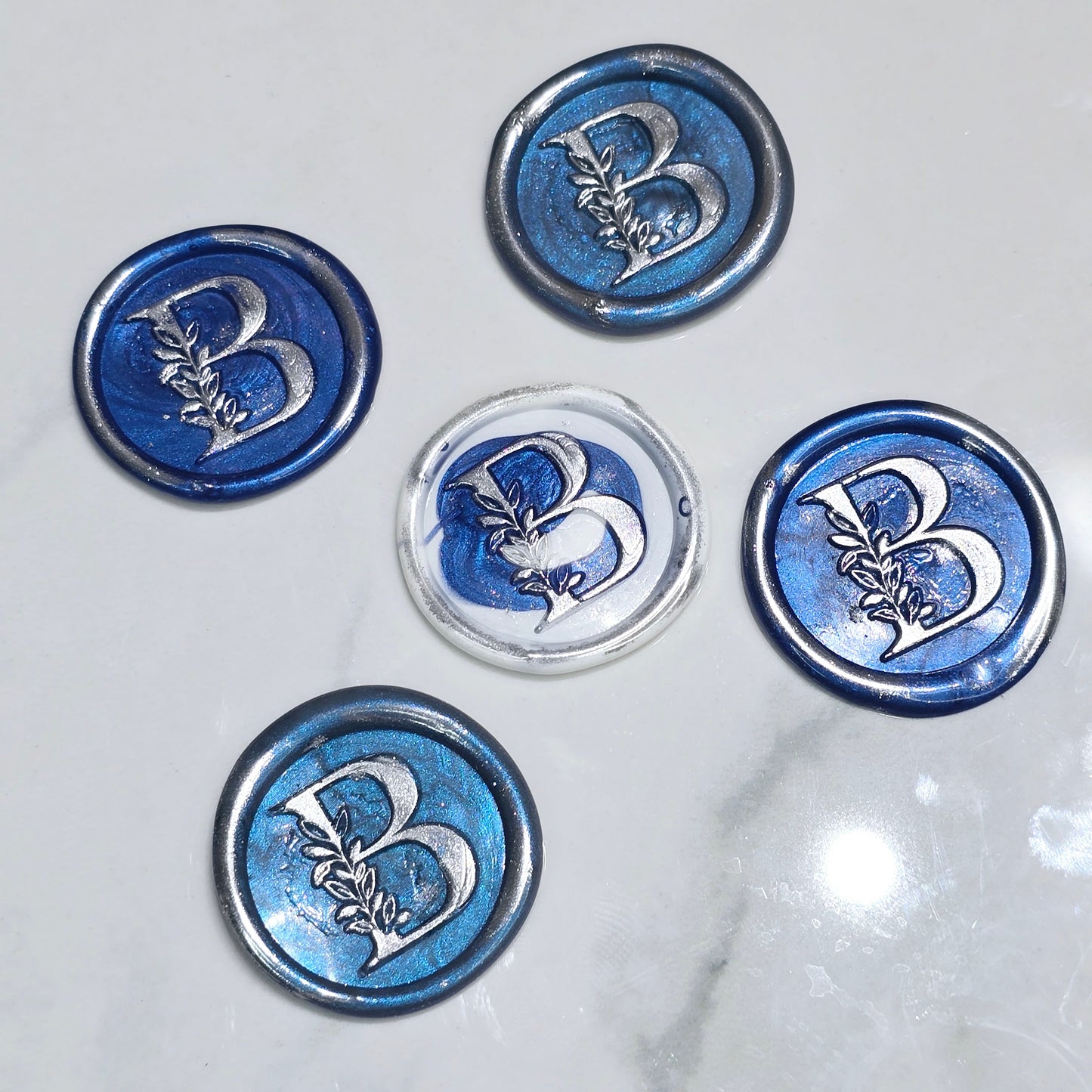 Letter B Wax Seals Metallic Blue, White & Silver Set of Five