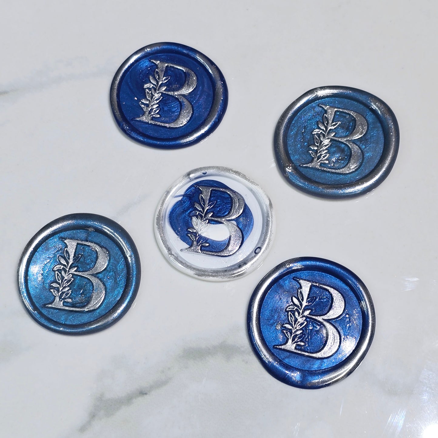 Letter B Wax Seals Metallic Blue, White & Silver Set of Five