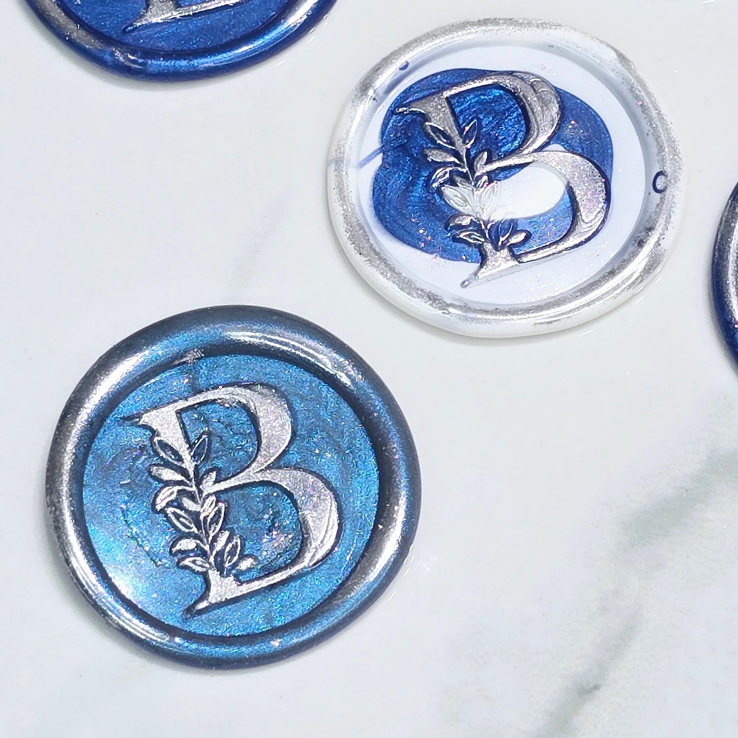 Letter B Wax Seals Metallic Blue, White & Silver Set of Five