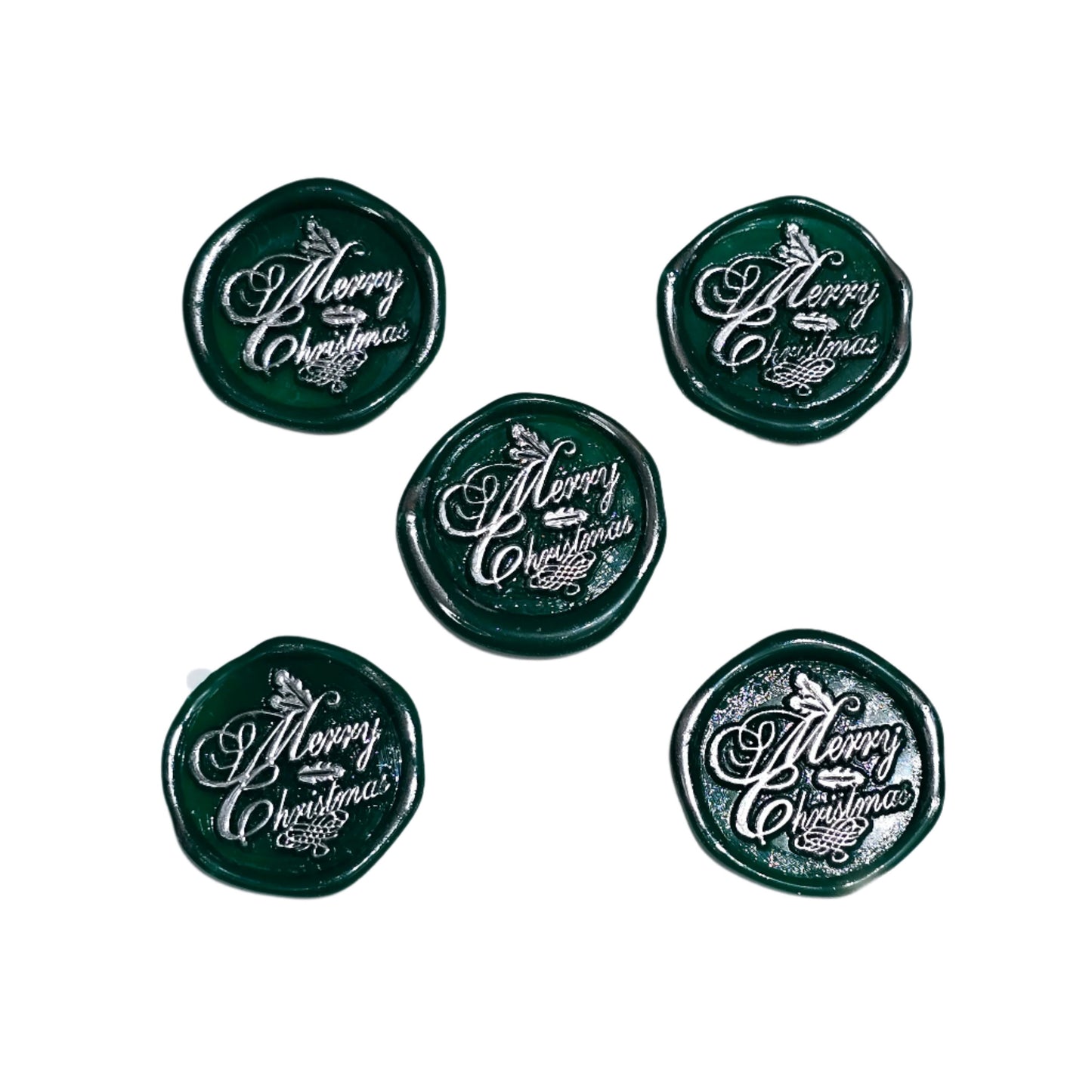 Merry Christmas Wax Seals Green & Silver Features Holly Set of Five