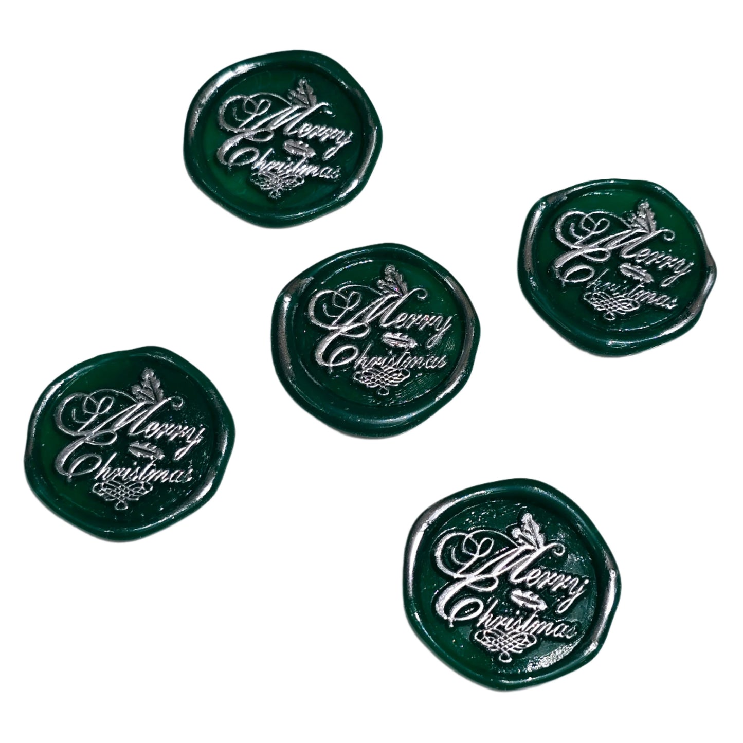 Merry Christmas Wax Seals Green & Silver Features Holly Set of Five