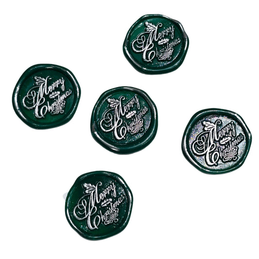 Merry Christmas Wax Seals Green & Silver Features Holly Set of Five