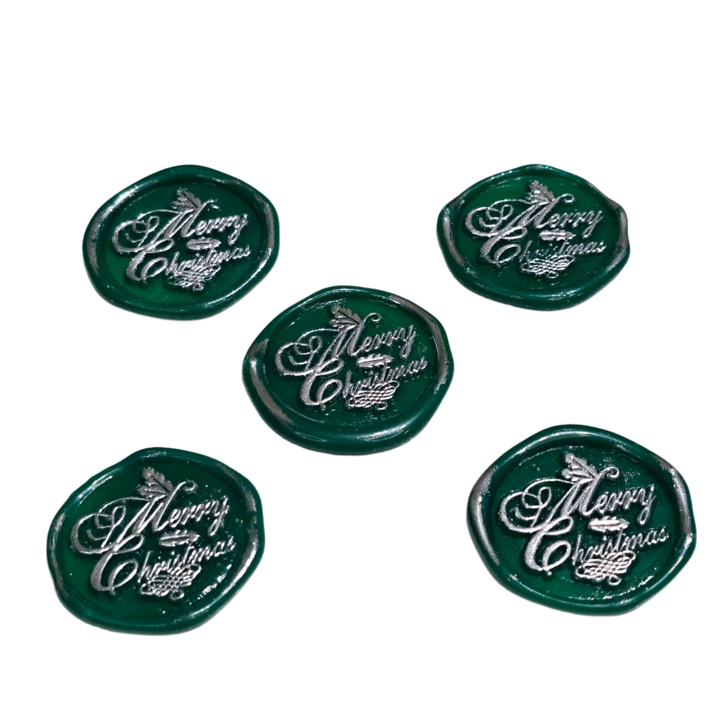 Merry Christmas Wax Seals Green & Silver Features Holly Set of Five