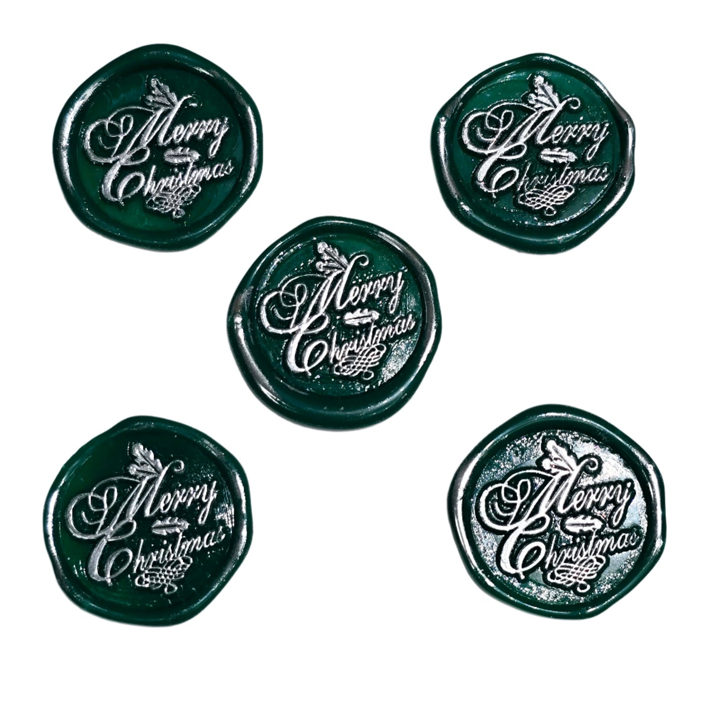 Merry Christmas Wax Seals Green & Silver Features Holly Set of Five