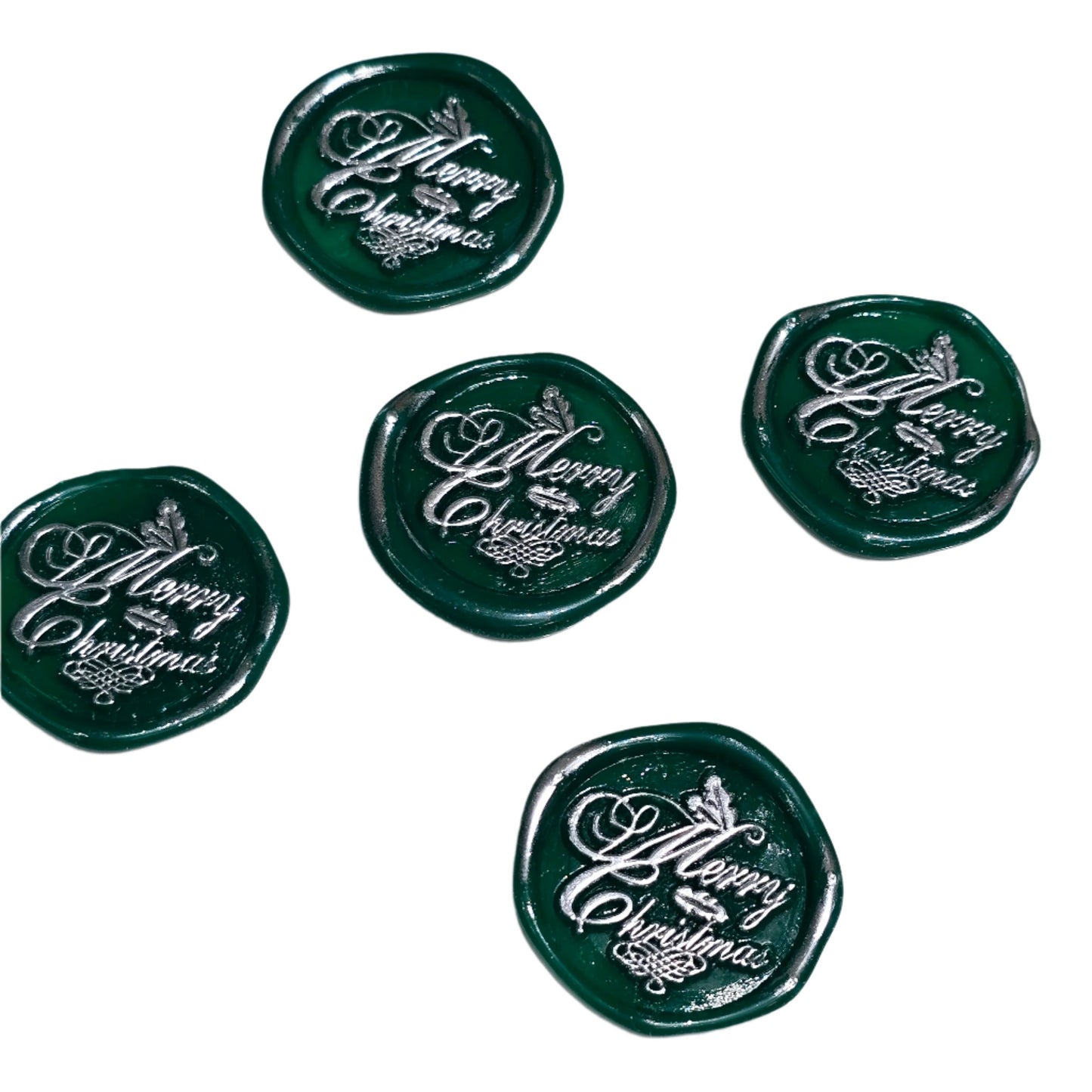 Merry Christmas Wax Seals Green & Silver Features Holly Set of Five