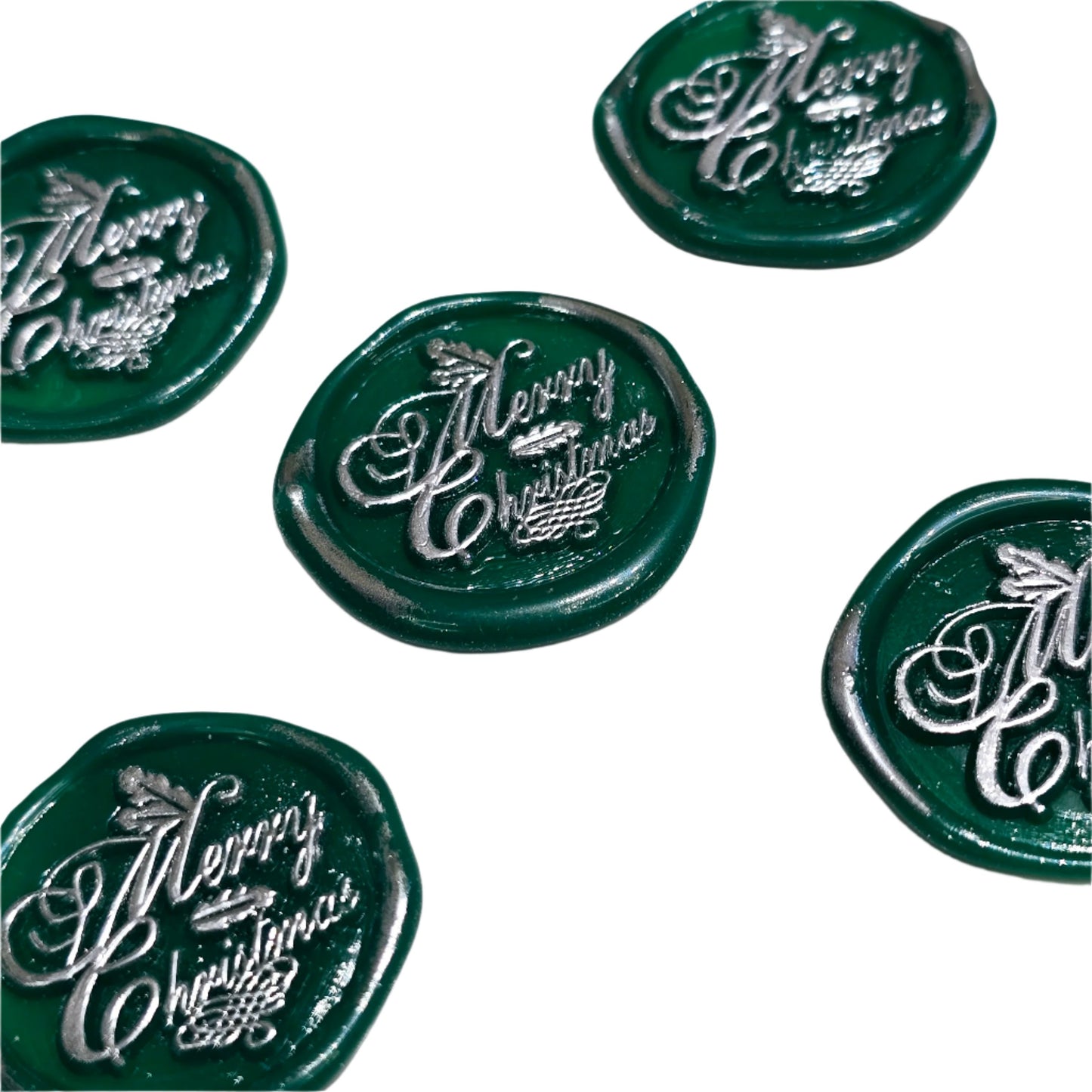 Merry Christmas Wax Seals Green & Silver Features Holly Set of Five