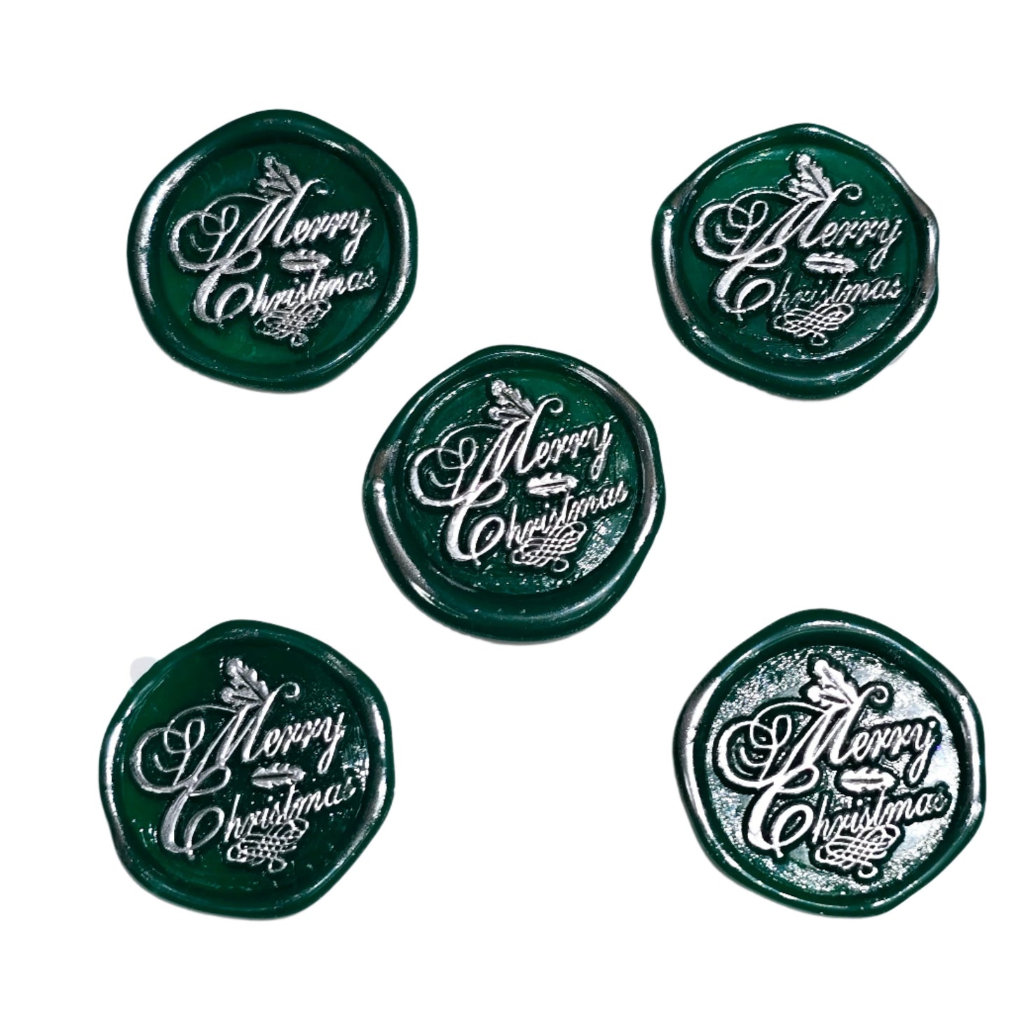 Merry Christmas Wax Seals Green & Silver Features Holly Set of Five