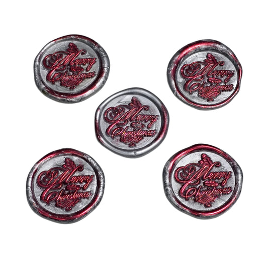 Merry Christmas Wax Seals Gray, Red & Silver Features Holly Set of Five