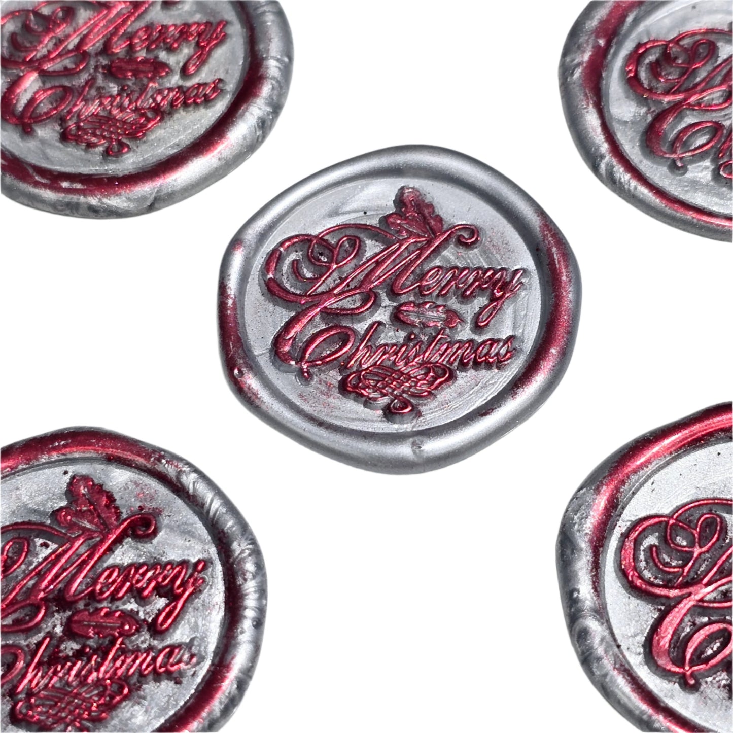 Merry Christmas Wax Seals Gray, Red & Silver Features Holly Set of Five