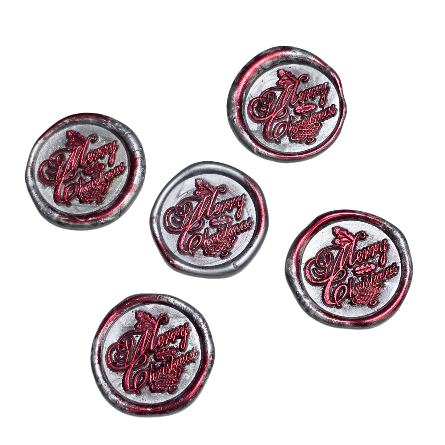 Merry Christmas Wax Seals Gray, Red & Silver Features Holly Set of Five