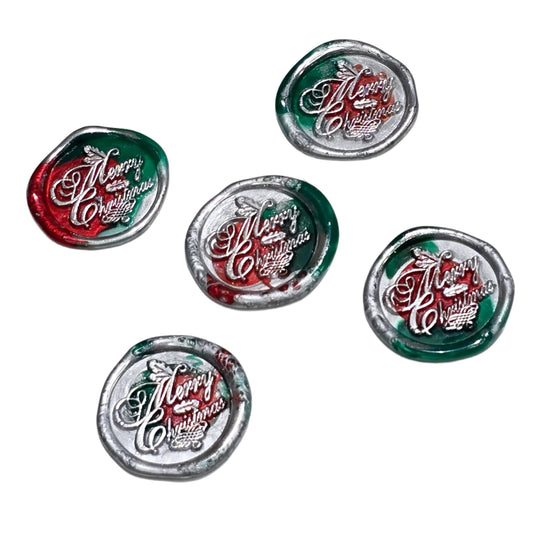 Merry Christmas Wax Seals in Red, Green & Silver Features a Holly Set of Five