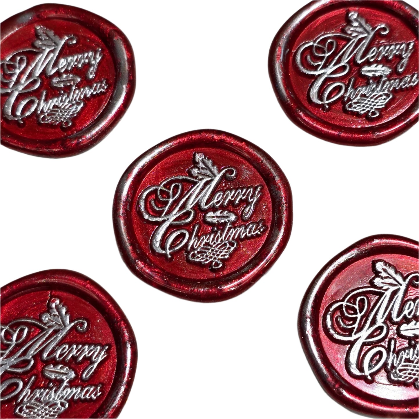 Merry Christmas Wax Seals Red & Silver Features a Holly Set of Five