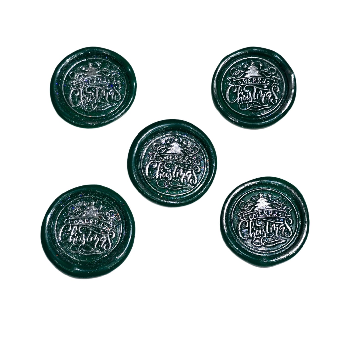 Merry Christmas Wax Seals Green & Silver Features a Tree Set of Five