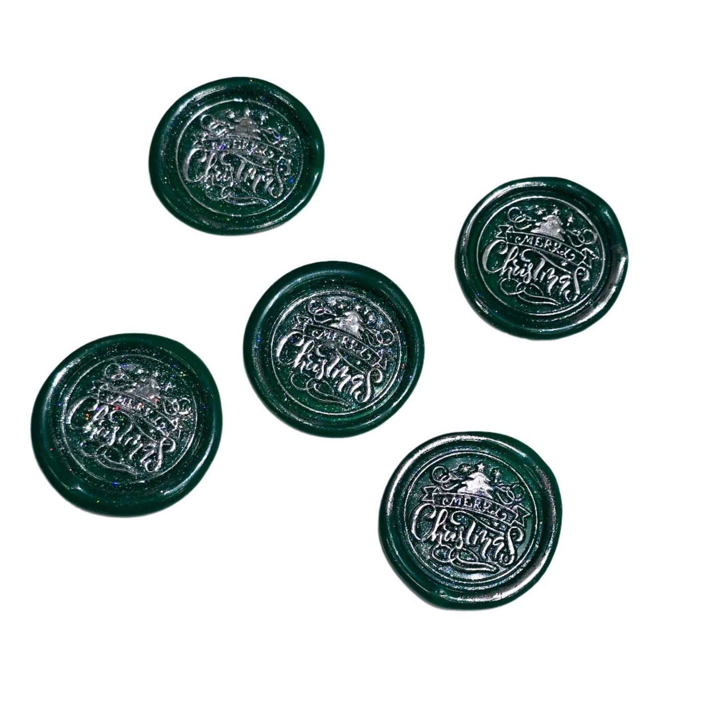 Merry Christmas Wax Seals Green & Silver Features a Tree Set of Five