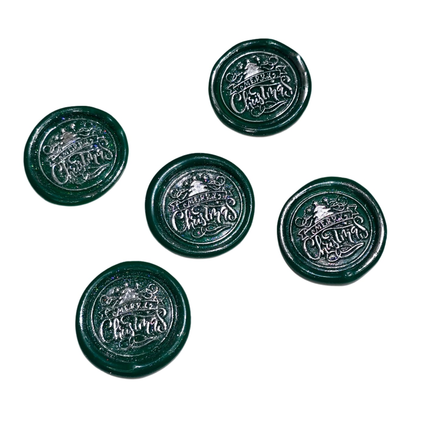 Merry Christmas Wax Seals Green & Silver Features a Tree Set of Five