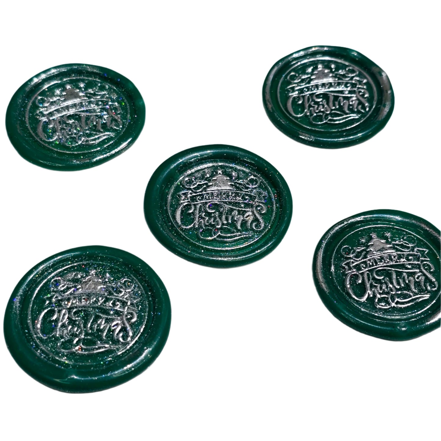 Merry Christmas Wax Seals Green & Silver Features a Tree Set of Five