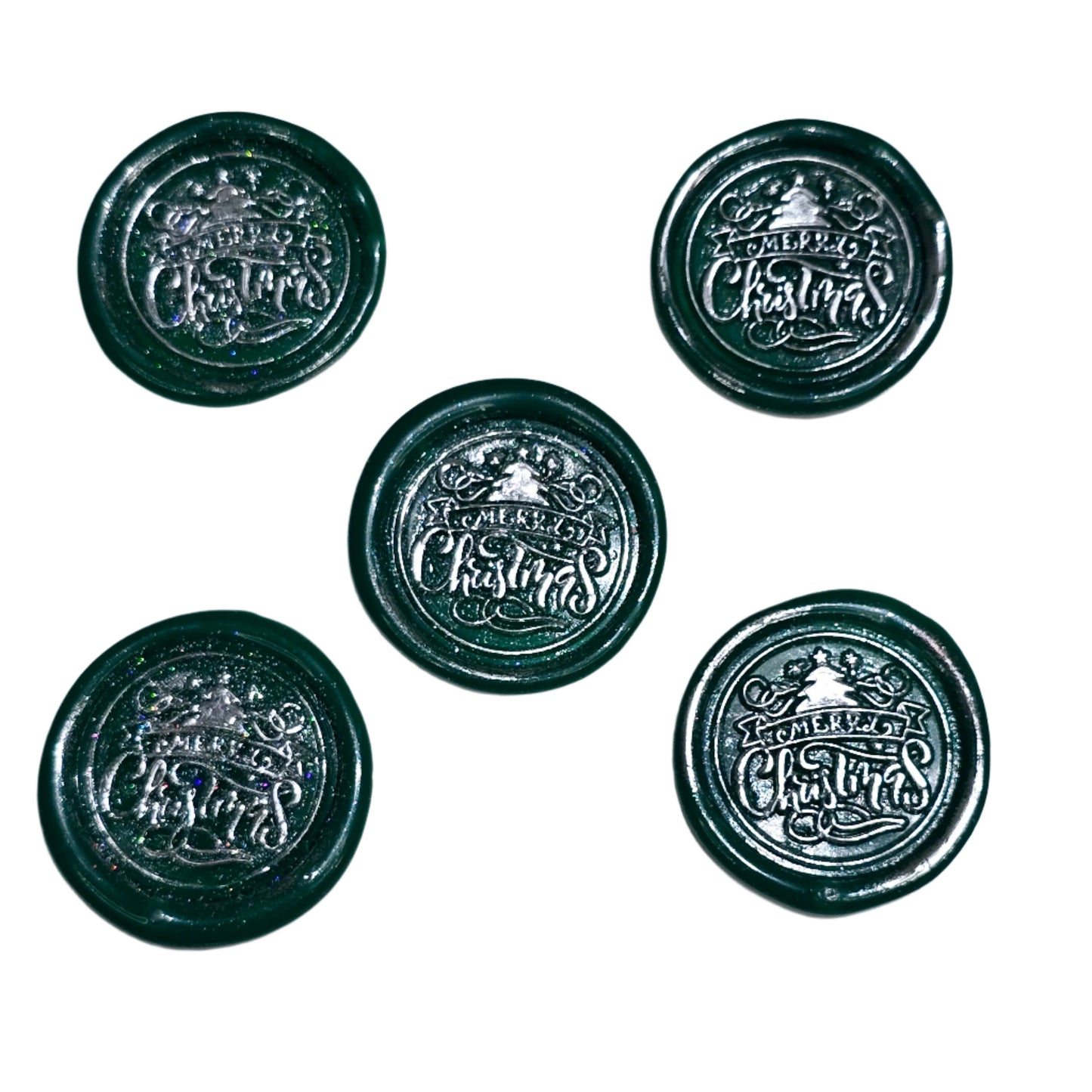 Merry Christmas Wax Seals Green & Silver Features a Tree Set of Five