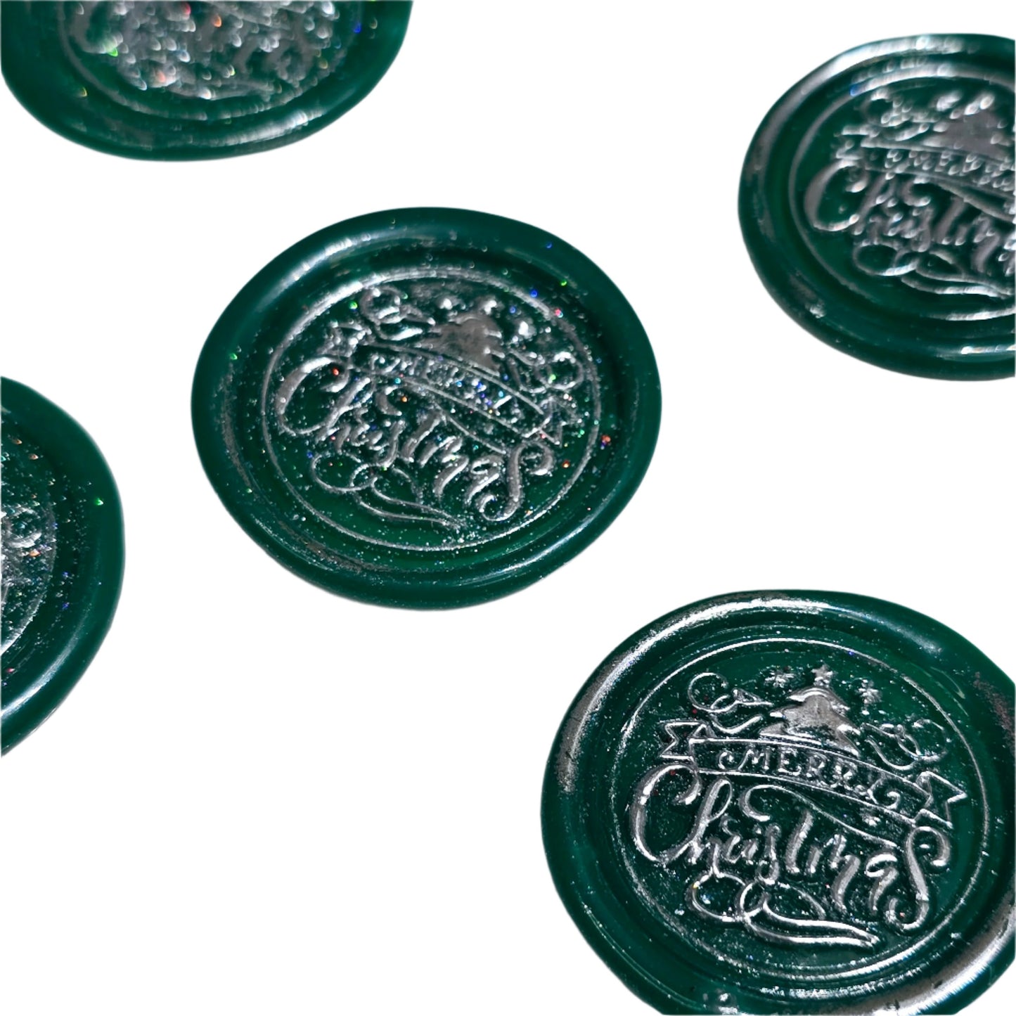 Merry Christmas Wax Seals Green & Silver Features a Tree Set of Five