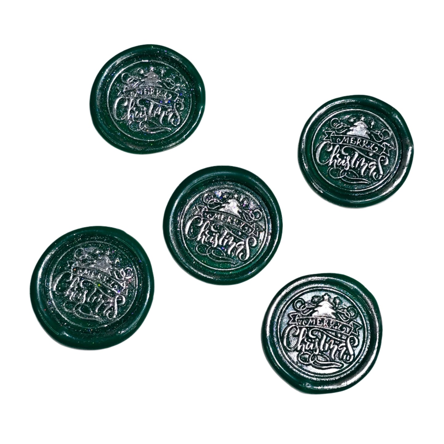 Merry Christmas Wax Seals Green & Silver Features a Tree Set of Five