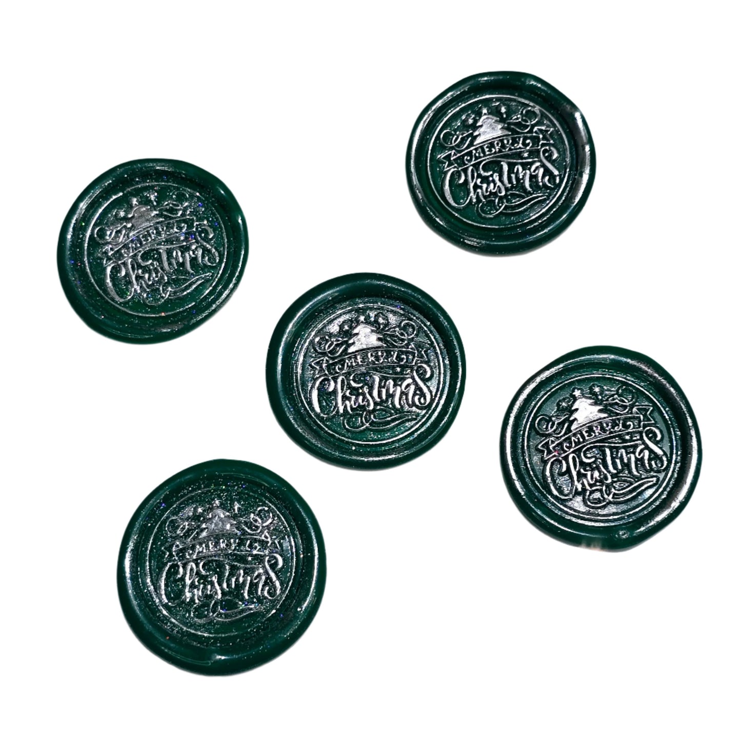 Merry Christmas Wax Seals Green & Silver Features a Tree Set of Five