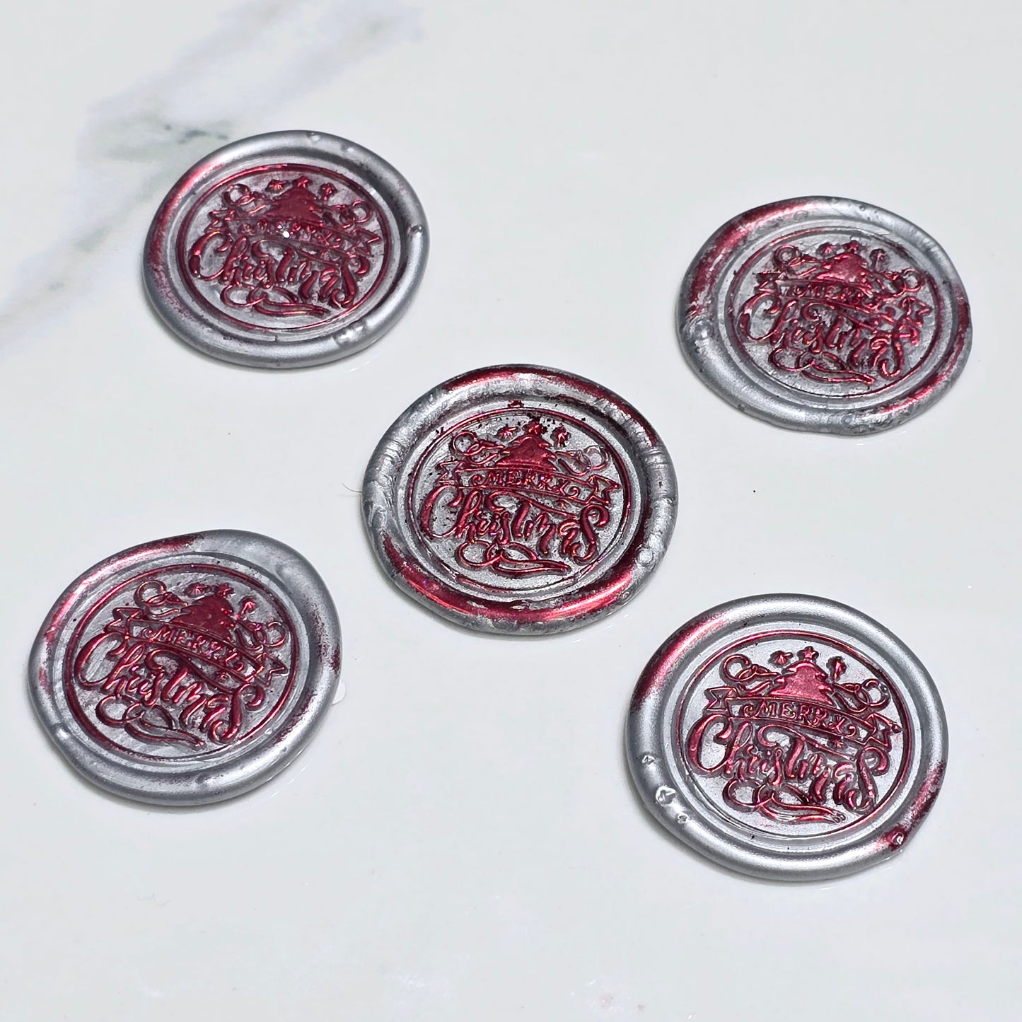 Merry Christmas Wax Seals Gray,Red & Silver Features a Tree Set of Five