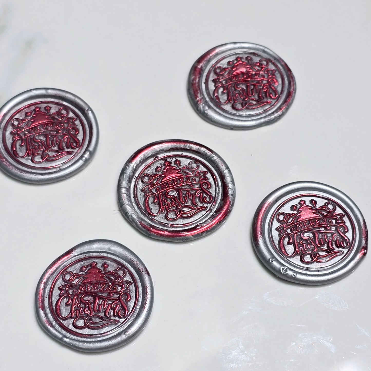 Merry Christmas Wax Seals Gray,Red & Silver Features a Tree Set of Five