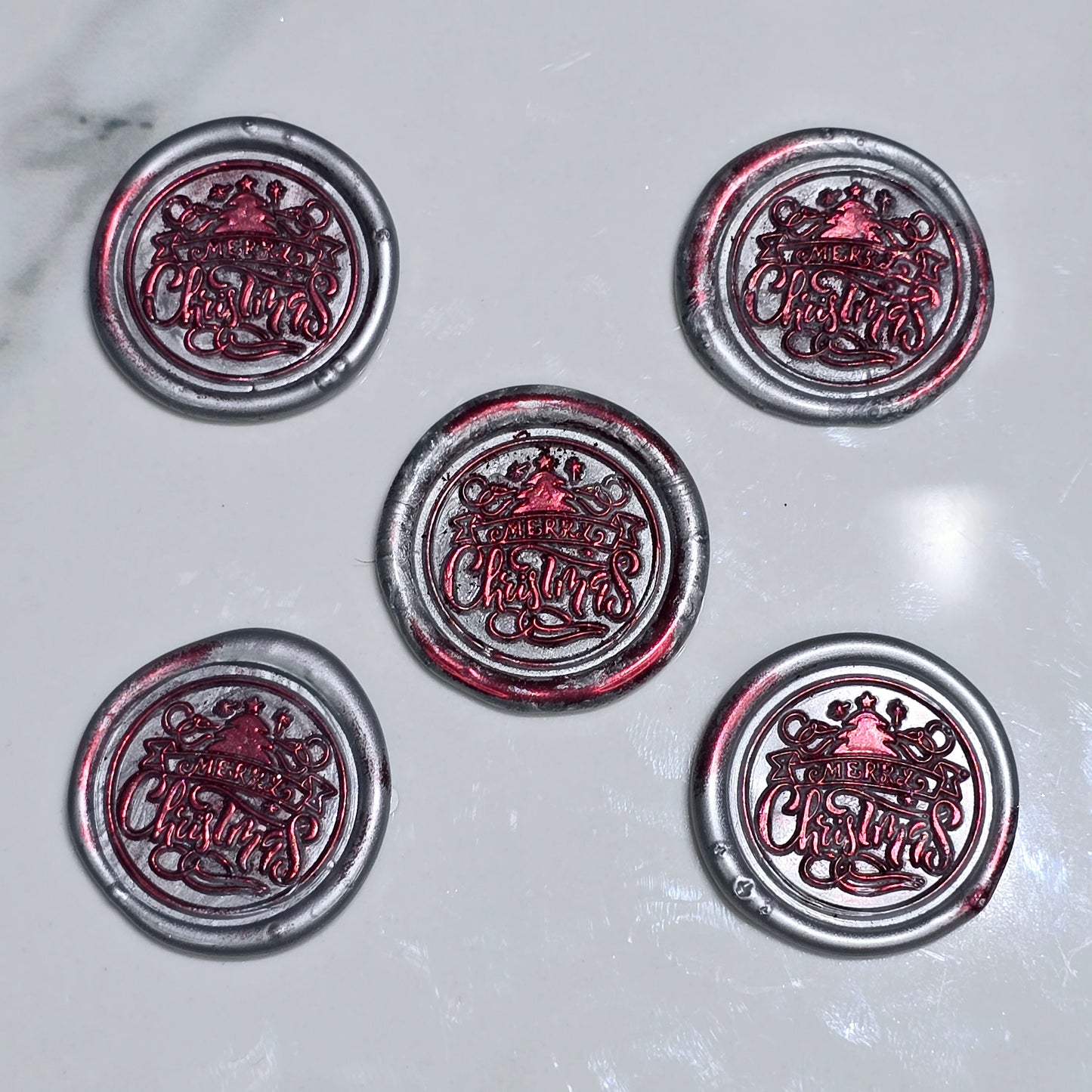 Merry Christmas Wax Seals Gray,Red & Silver Features a Tree Set of Five