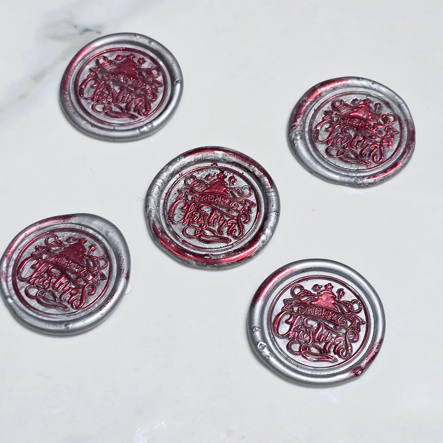 Merry Christmas Wax Seals Gray,Red & Silver Features a Tree Set of Five