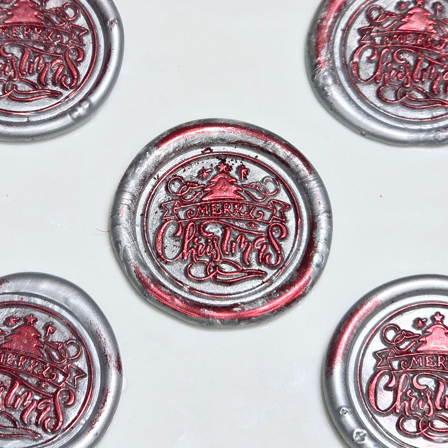 Merry Christmas Wax Seals Gray,Red & Silver Features a Tree Set of Five