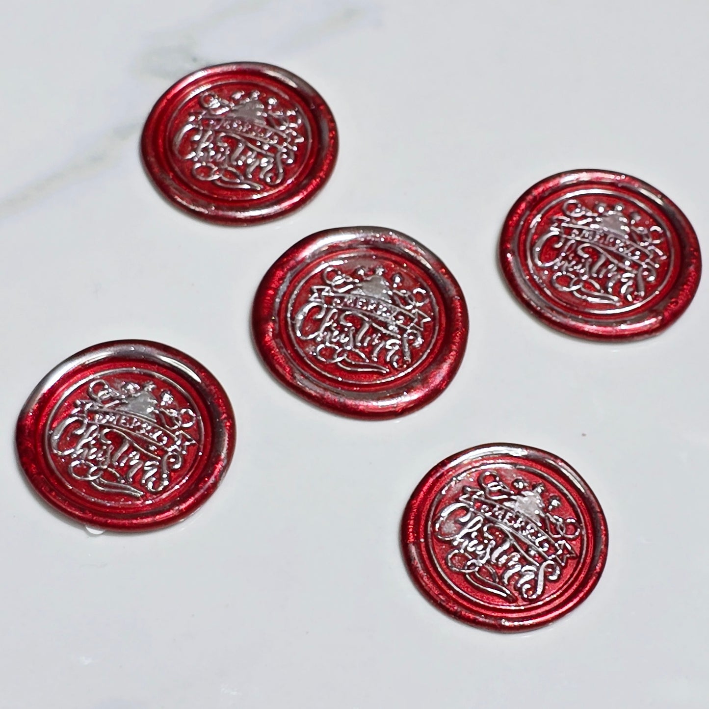 Merry Christmas Wax Seals Red & Silver Features a Tree Set of Five