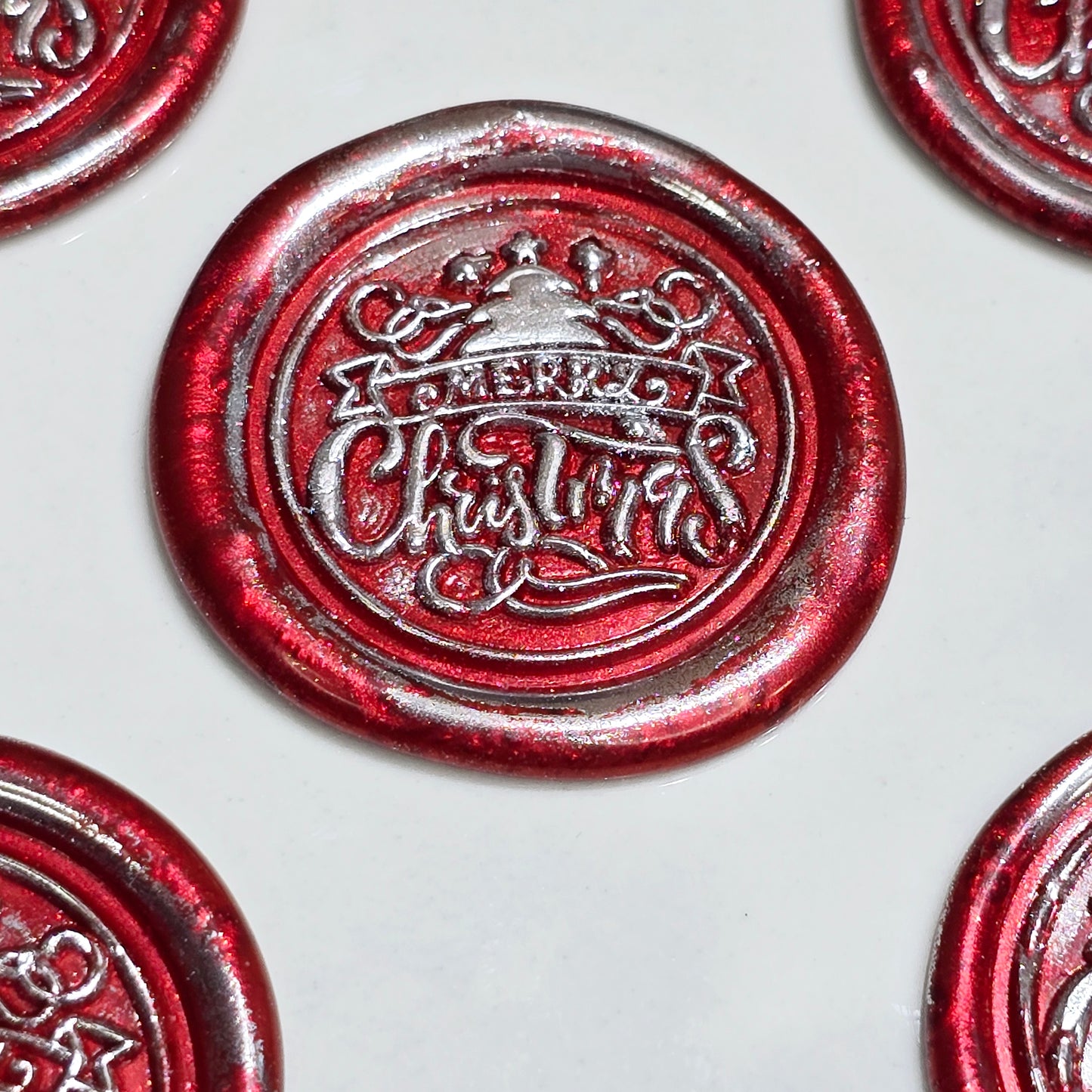 Merry Christmas Wax Seals Red & Silver Features a Tree Set of Five