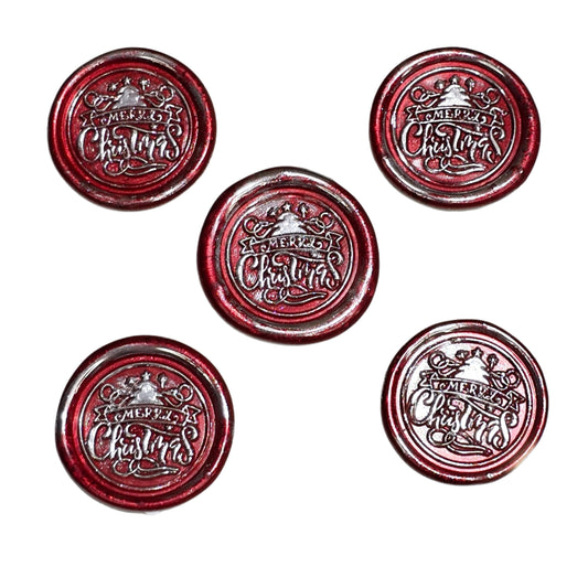 Merry Christmas Wax Seals Red & Silver Features a Tree Set of Five