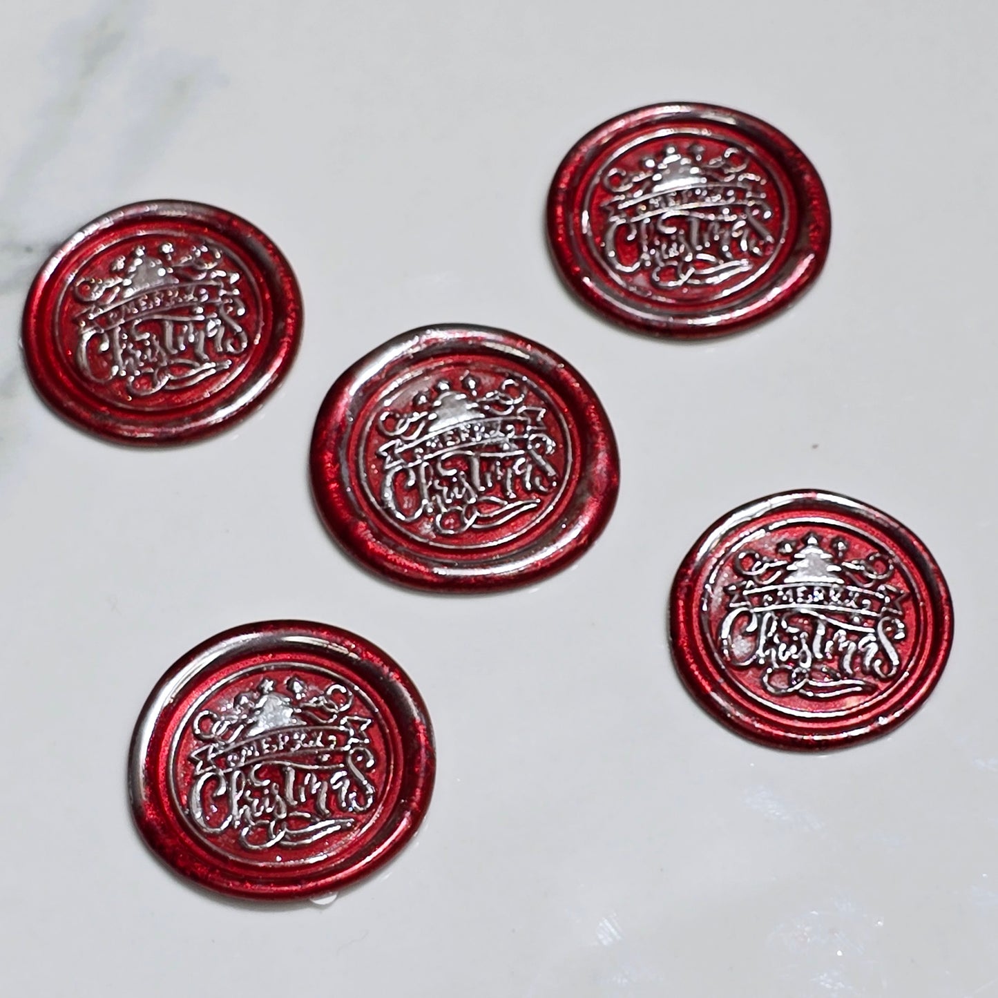 Merry Christmas Wax Seals Red & Silver Features a Tree Set of Five