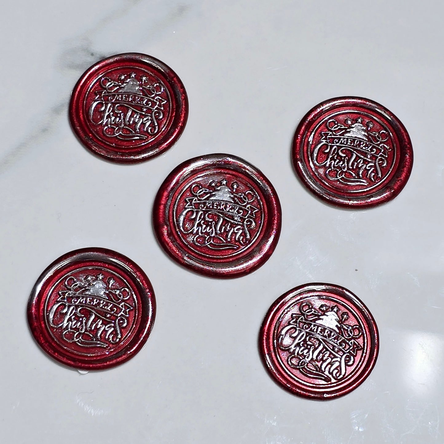 Merry Christmas Wax Seals Red & Silver Features a Tree Set of Five