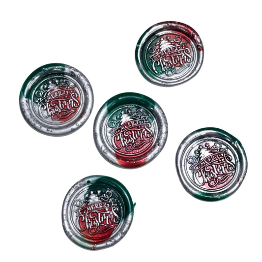 Merry Christmas Wax Seals In Green, Red, Gray & Silver Set of Five