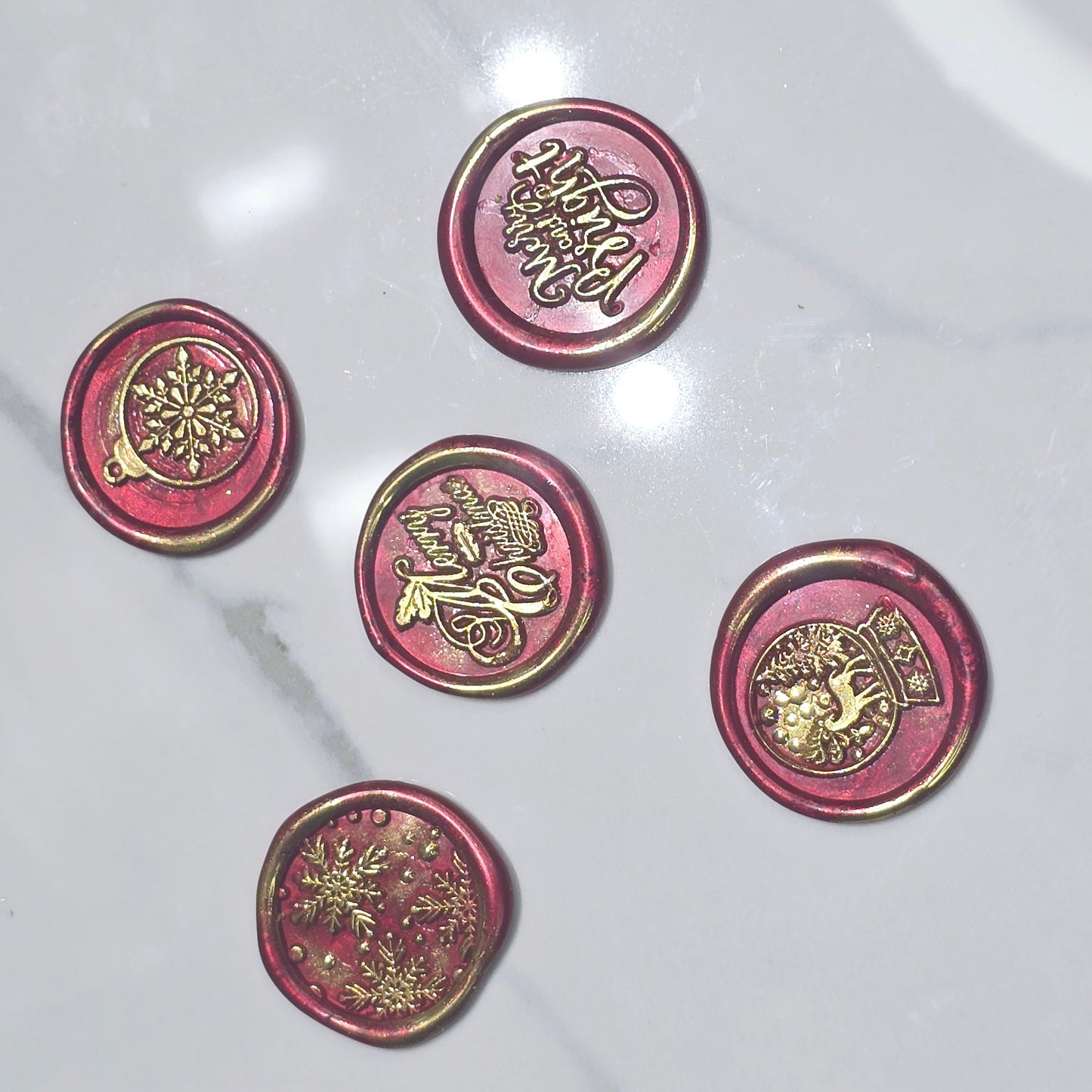 Christmas Wax Seals Ruby Red & Gold Assorted Designs Set of Five