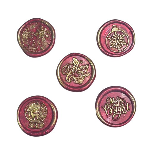 Christmas Wax Seals Ruby Red & Gold Assorted Designs Set of Five